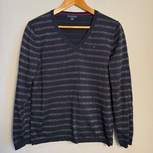 Tommy Hilfiger‎ Women's Glitter Stripe V-Neck Sweater Tee Black Size Large Y2K